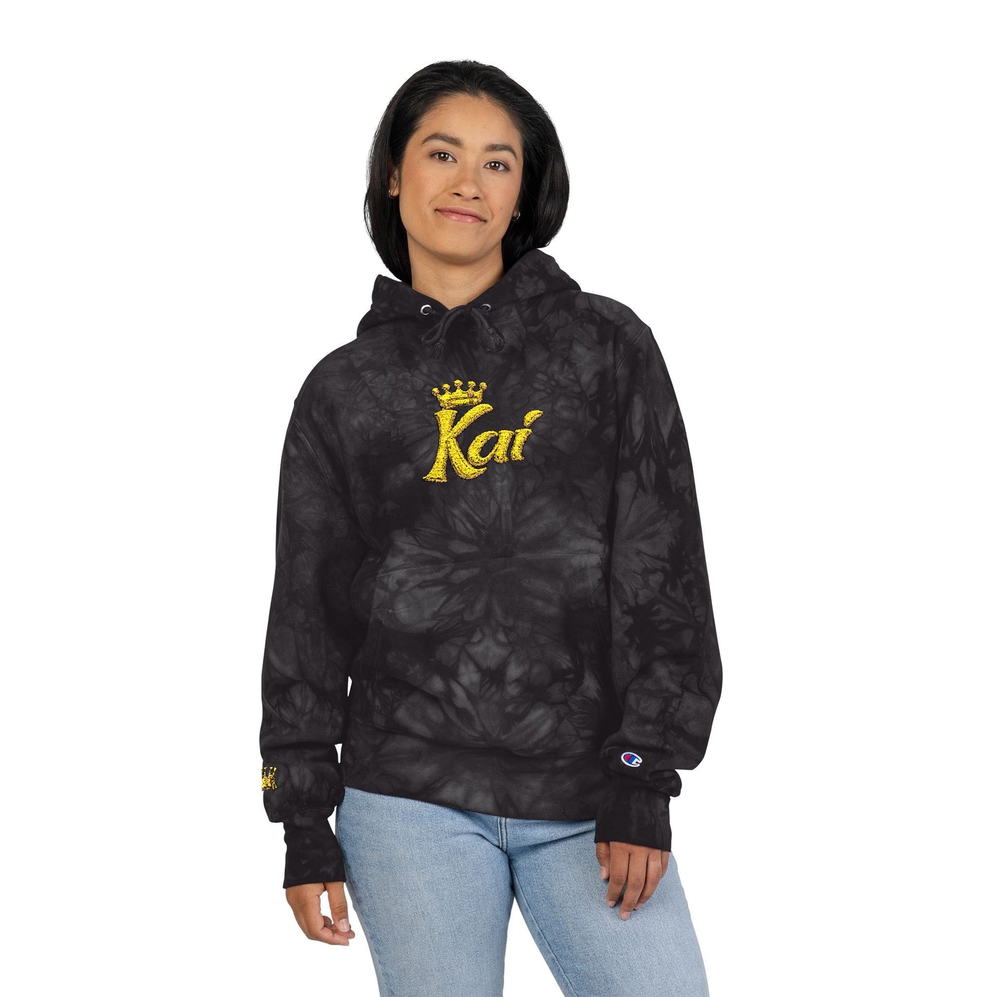 Black Tie-Dye Hoodie with Yellow 'Kat' Embroidery – Champion Style
