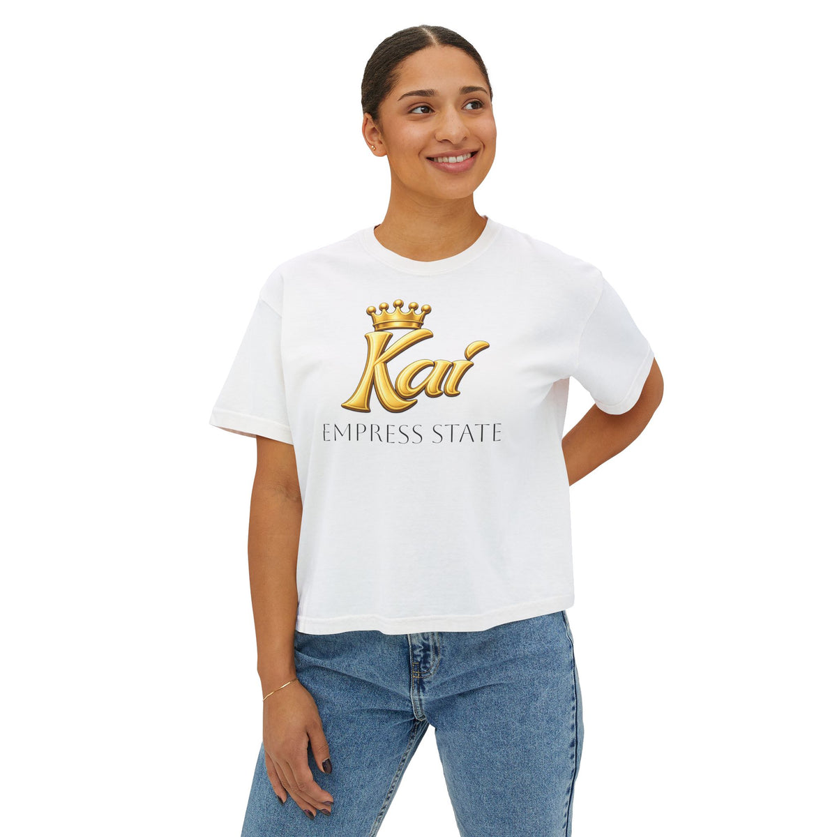 Empress State Kai Boxy Tee — Gold Crown Logo Women's Cropped T‑Shirt