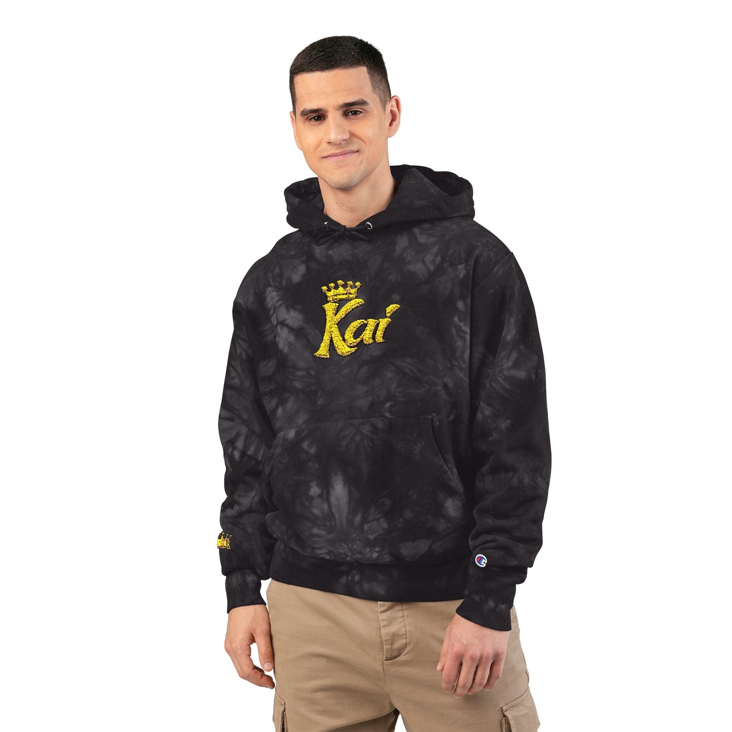Black Tie-Dye Hoodie with Yellow 'Kat' Embroidery – Champion Style