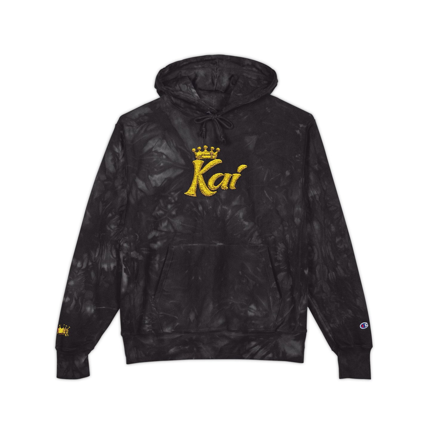 Black Tie-Dye Hoodie with Yellow 'Kat' Embroidery – Champion Style