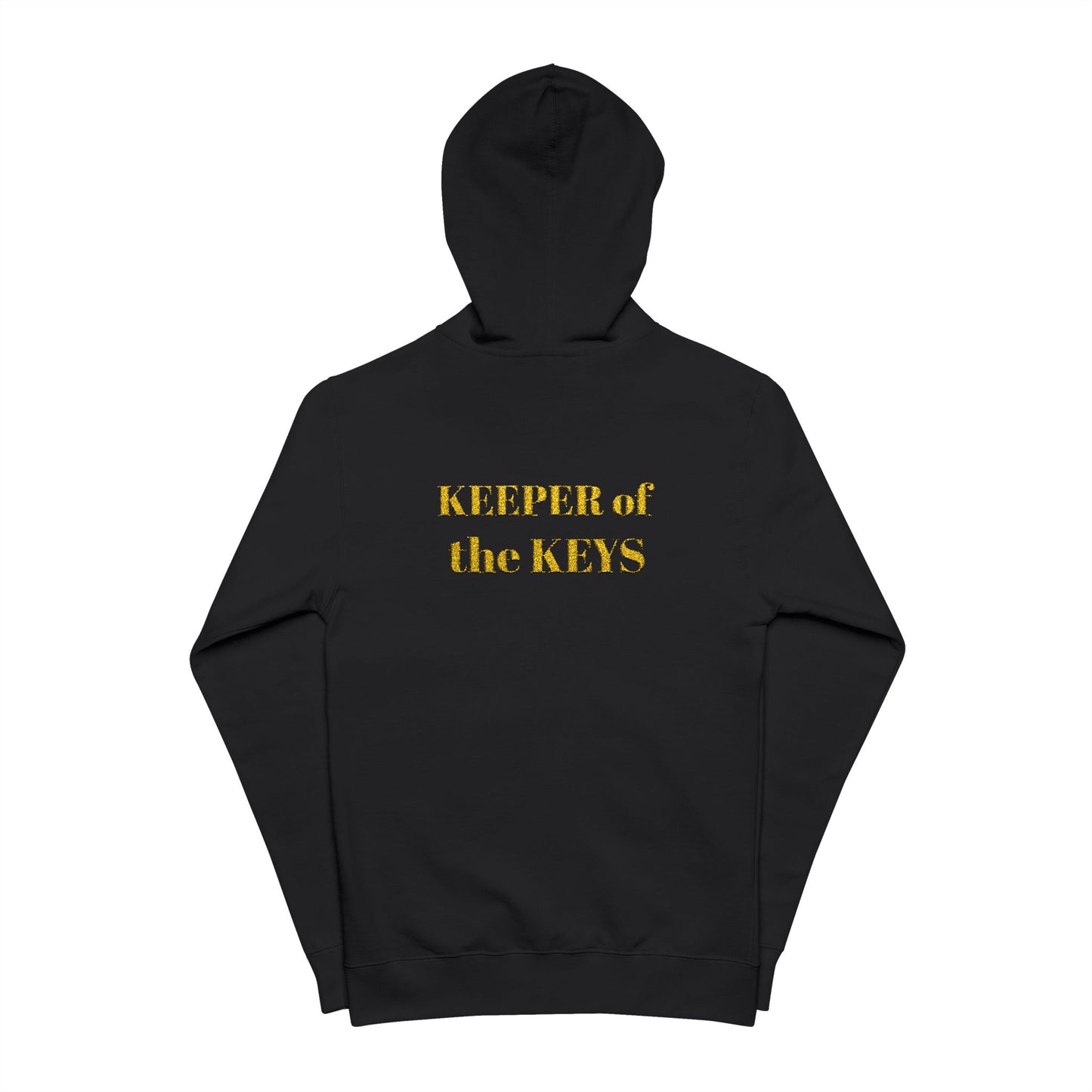 Keeper of the Keys Zip-Up Hoodie – Bee Pattern Chest Logo & Back Text