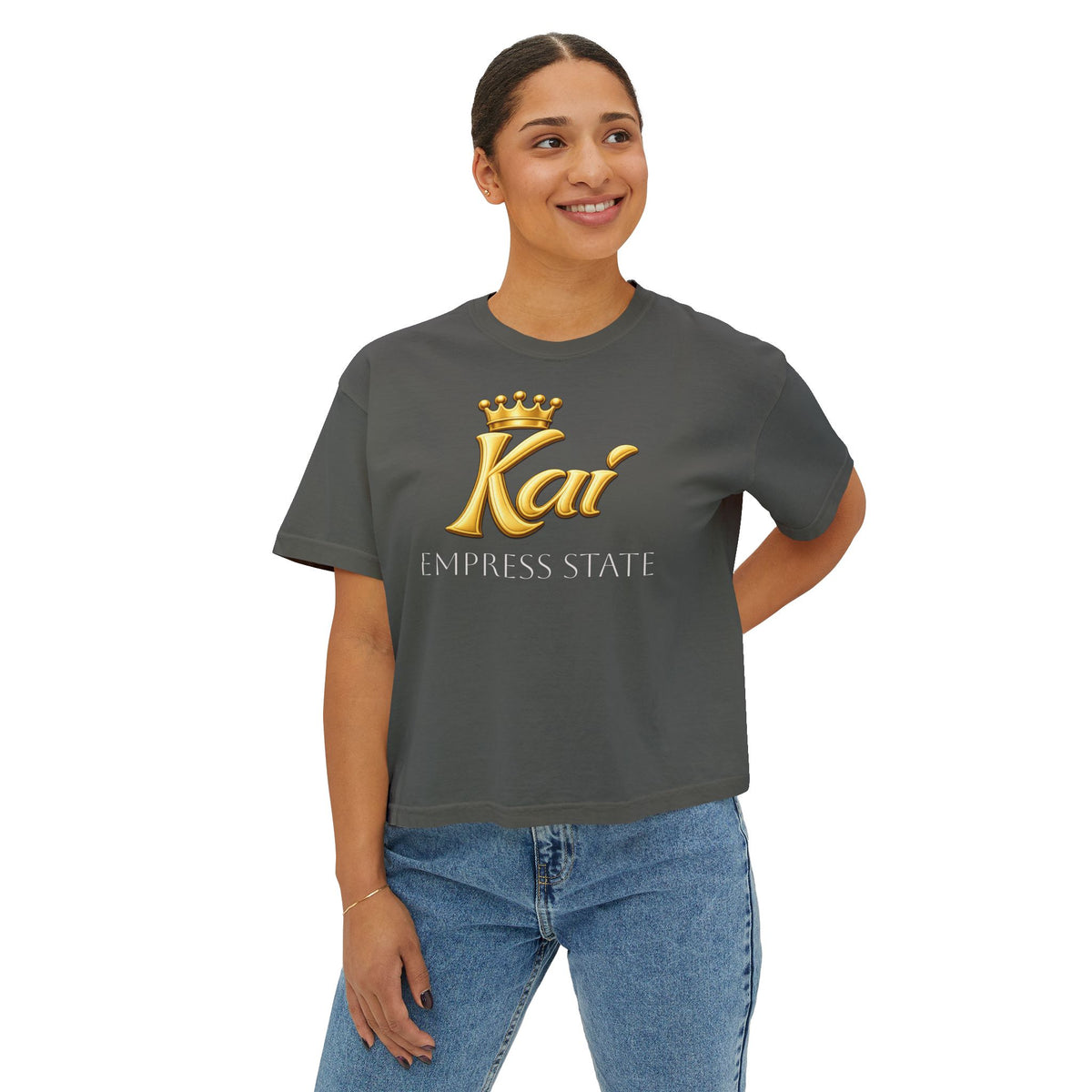 Empress State Kai Boxy Tee — Gold Crown Logo Women's Cropped T‑Shirt
